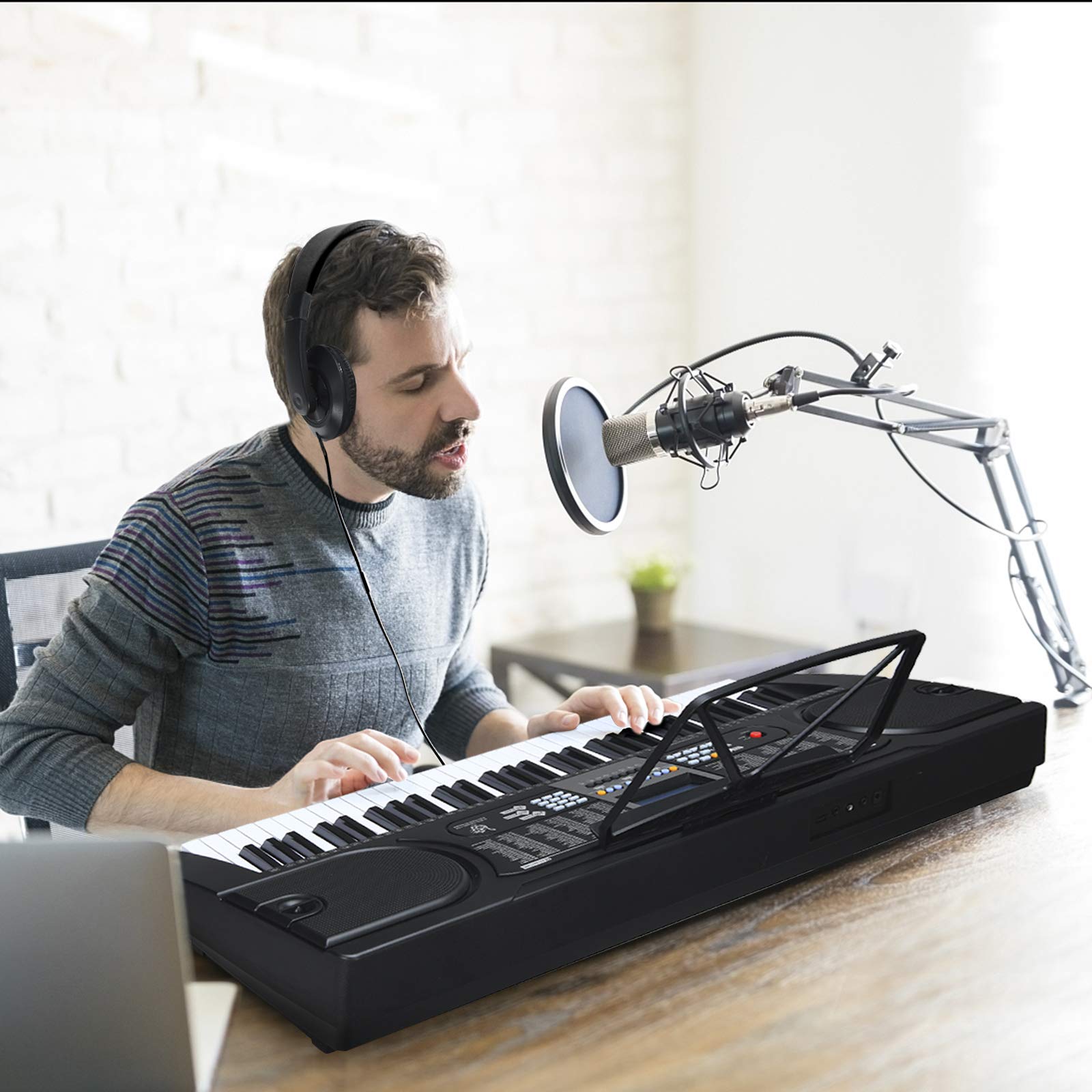 61-Key Portable Electronic Keyboard Piano w/ Stand & Stool, Complete Digital Piano Set w/ 300 Timbres