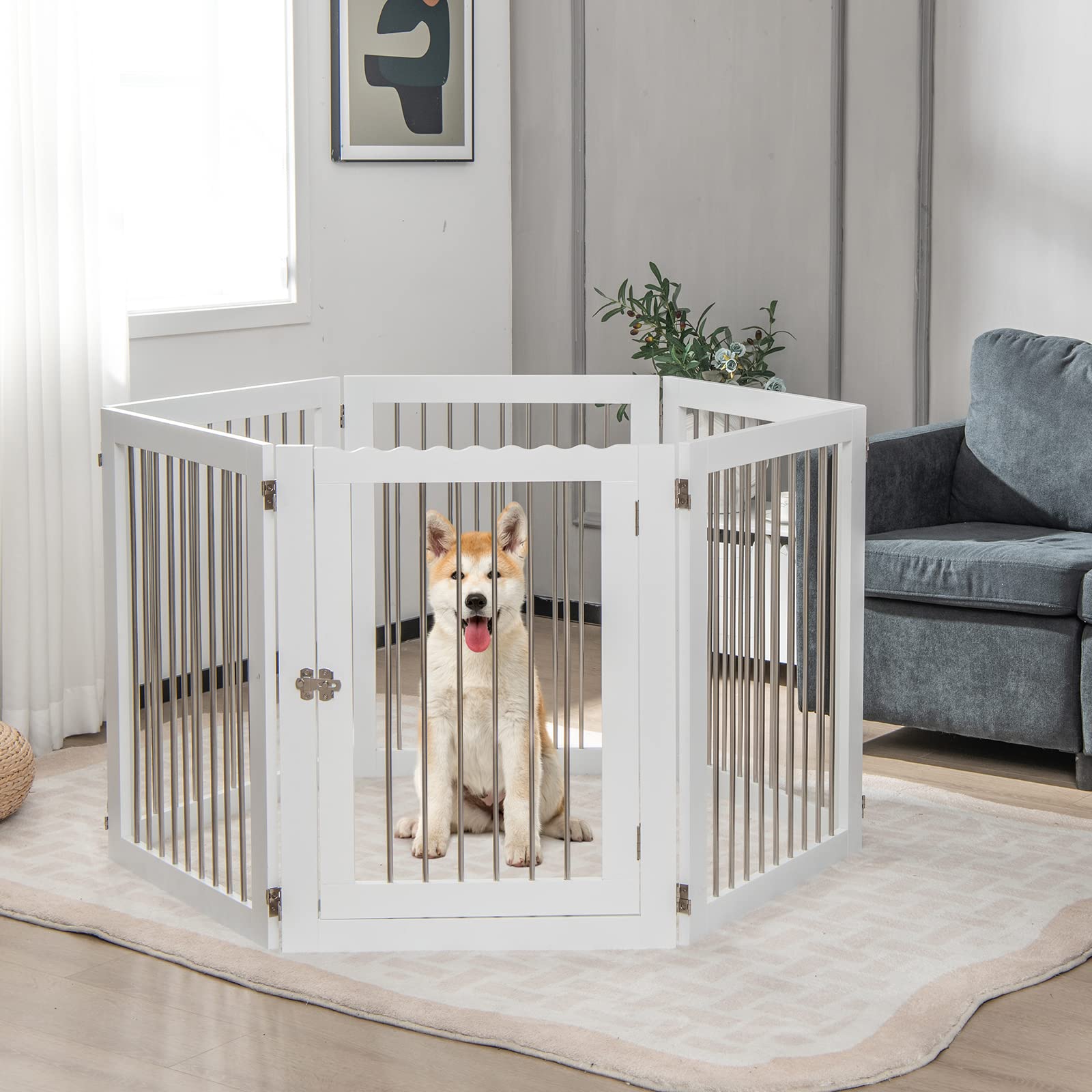 Freestanding 6-Panel Foldable Walk-Through Dog Gate Playpen