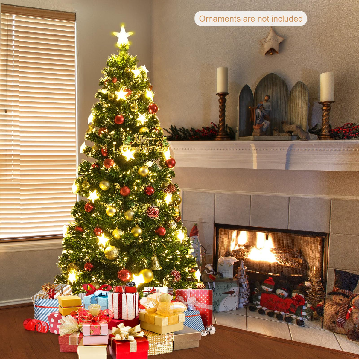 1.8M Pre-Lit Christmas Tree, Artificial Xmas Tree with 230 Branch Tips, 30 Warm White Star Lights