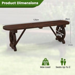 Patio Rustic Wood Bench, Carbonized Wood Long Bench w/Wagon Wheel Base