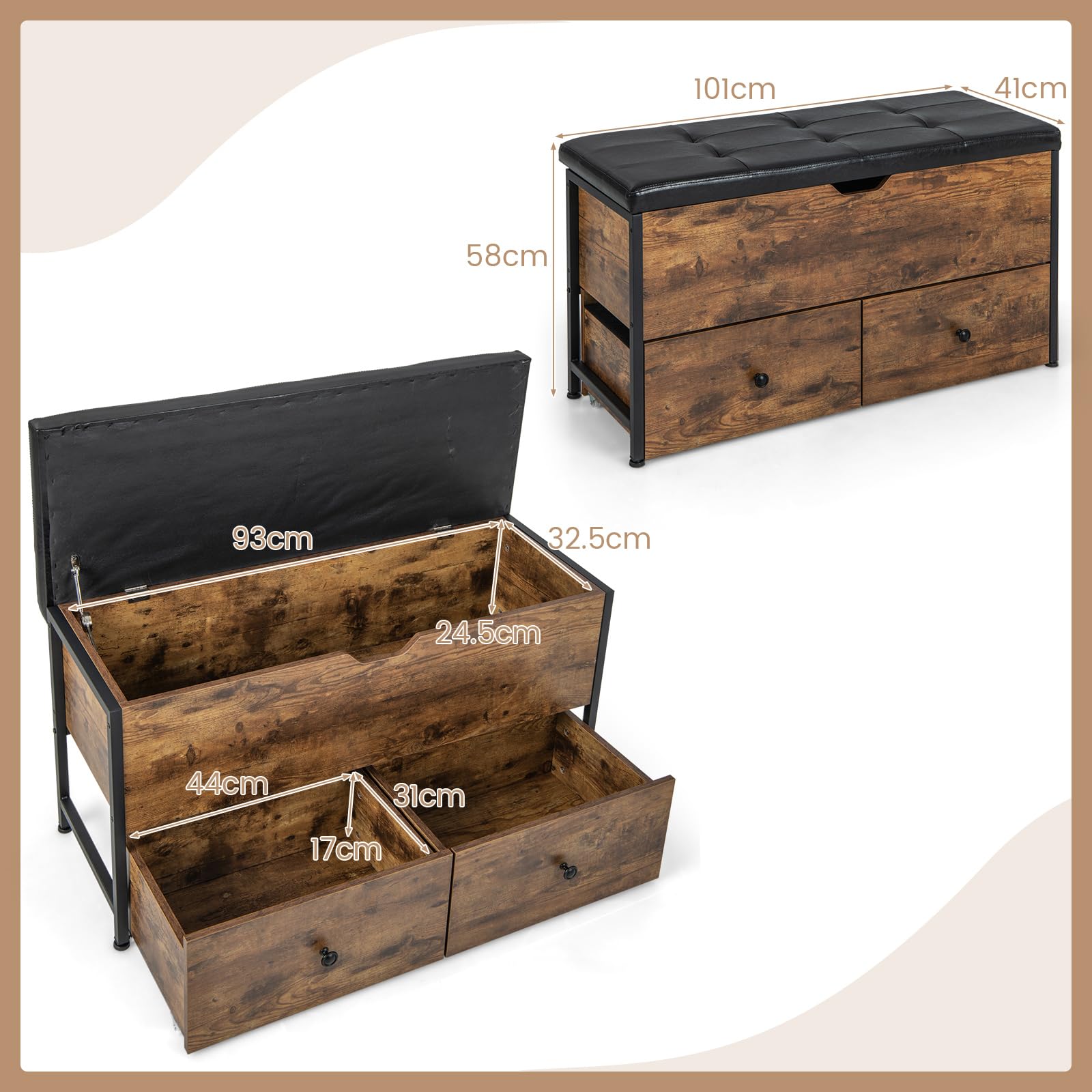 Giantex Storage Ottoman Bench with Padded Seat Cushion, Flip Top Storage Chest with 2 Drawers