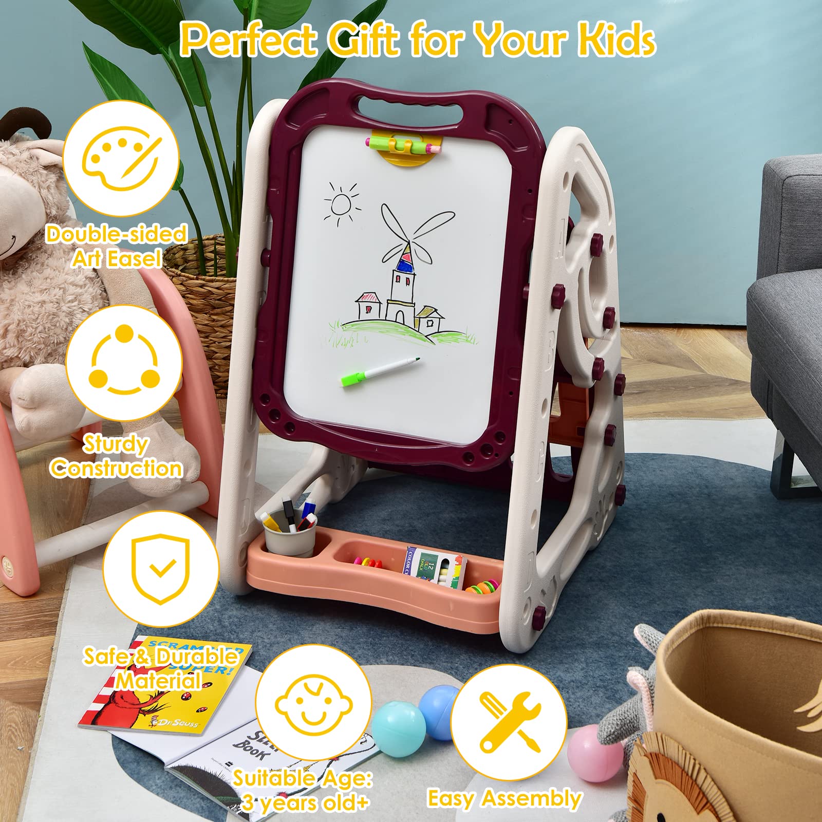 Kids 3 in 1 Kids Art Easel, Double Sided Magnetic Whiteboard & Chalkboard