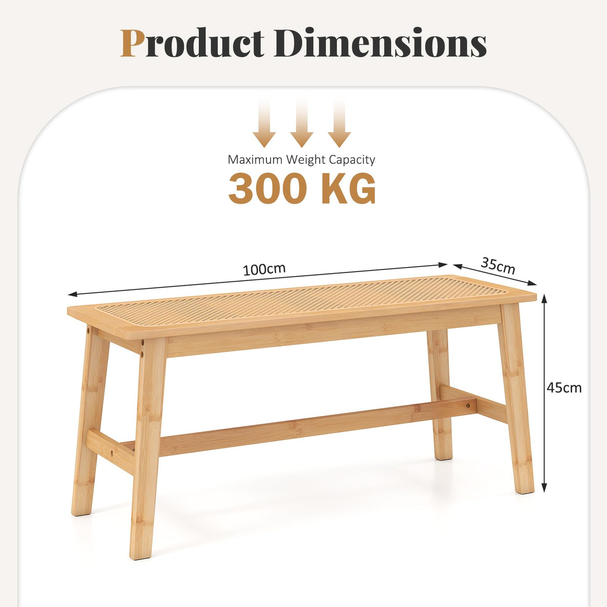 100cm Bamboo Dining Bench with Handwoven Rattan Seat, Wooden Entryway Bench, Farmhouse Kitchen Table Bench