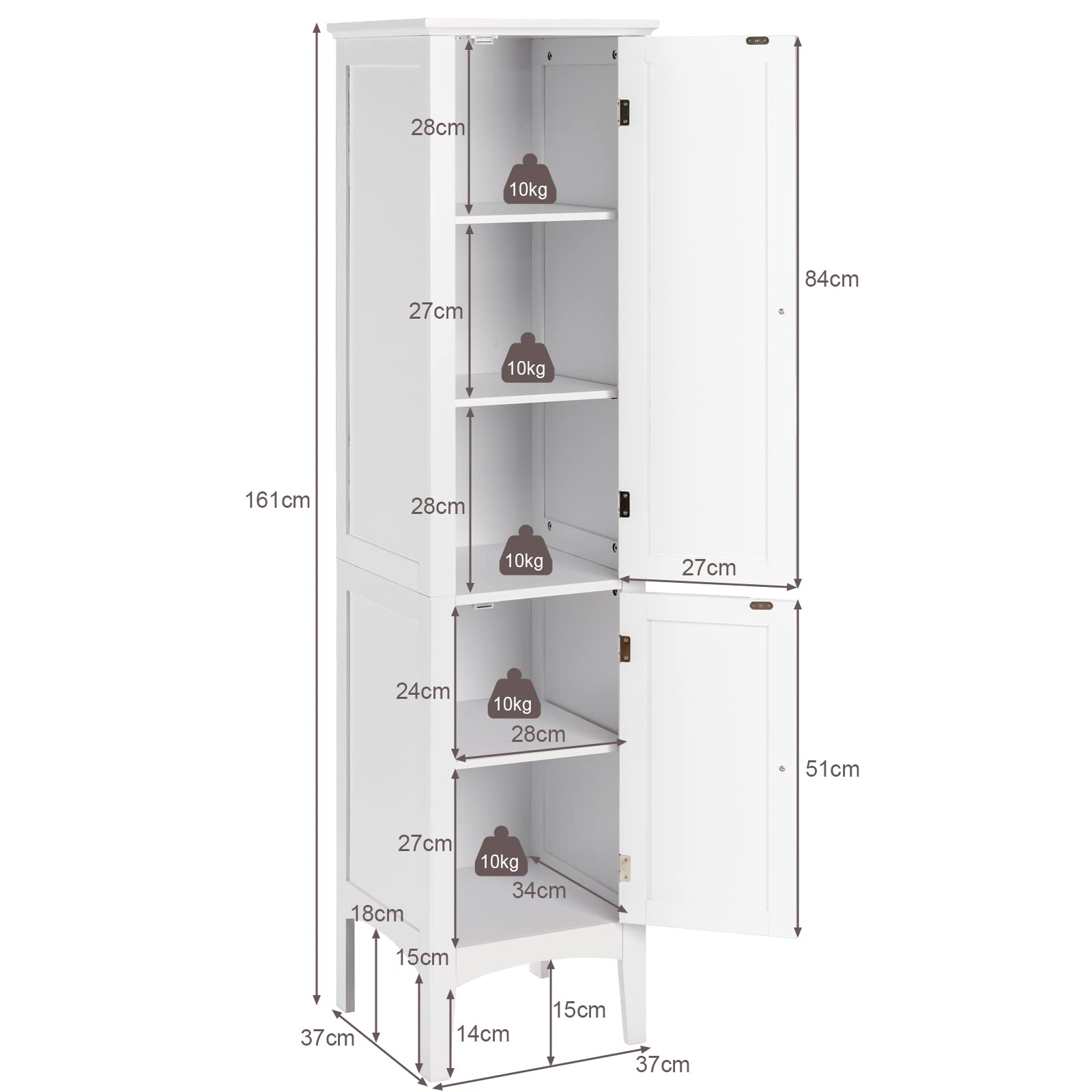 Giantex Bathroom Tall Storage Cabinet, 5-Tier Freestanding Tower Cabinet w/ 2 Shelves & Doors, White