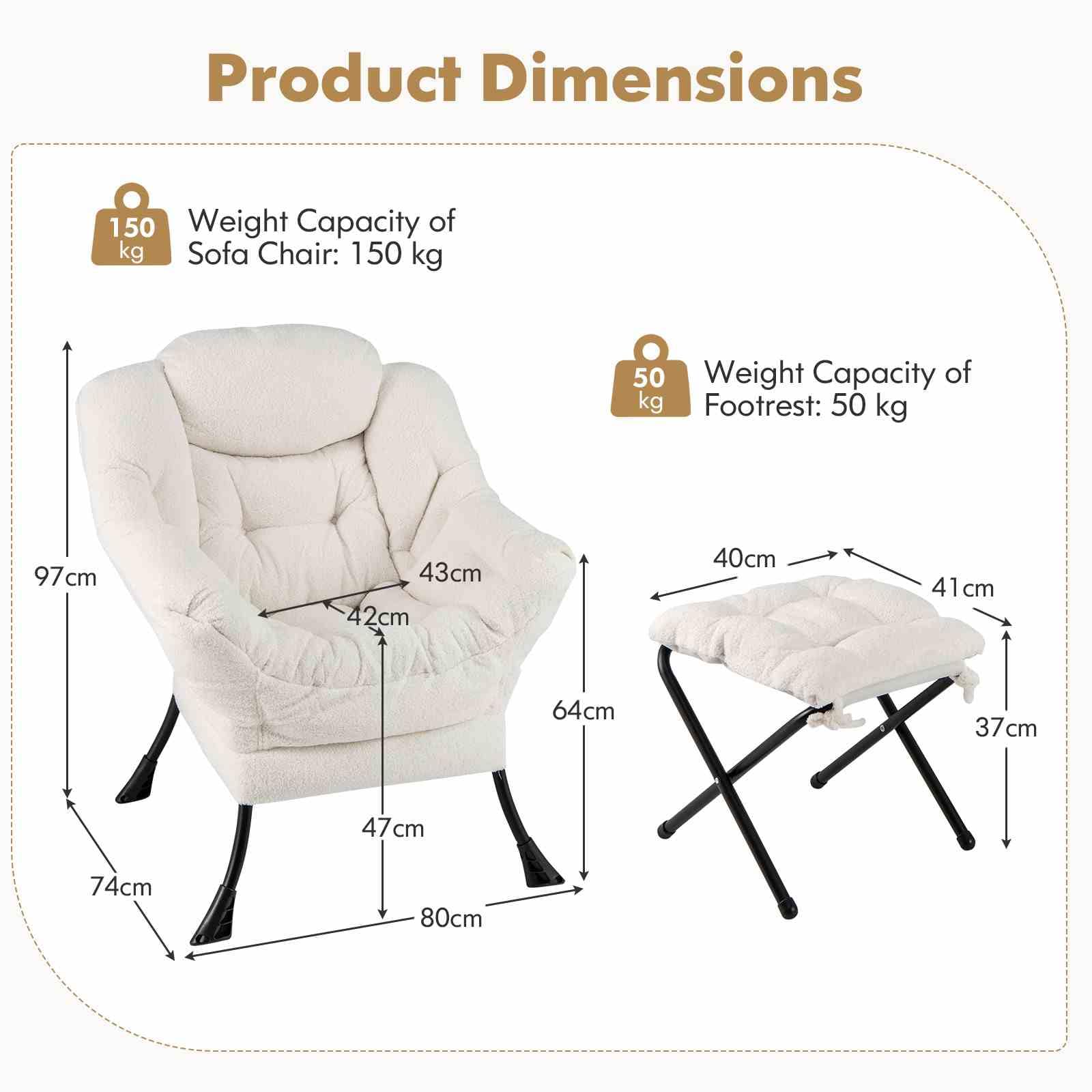 Lazy Chair with Ottoman, Modern Accent Chair with Folding Footrest, Head Pillow, Armrests