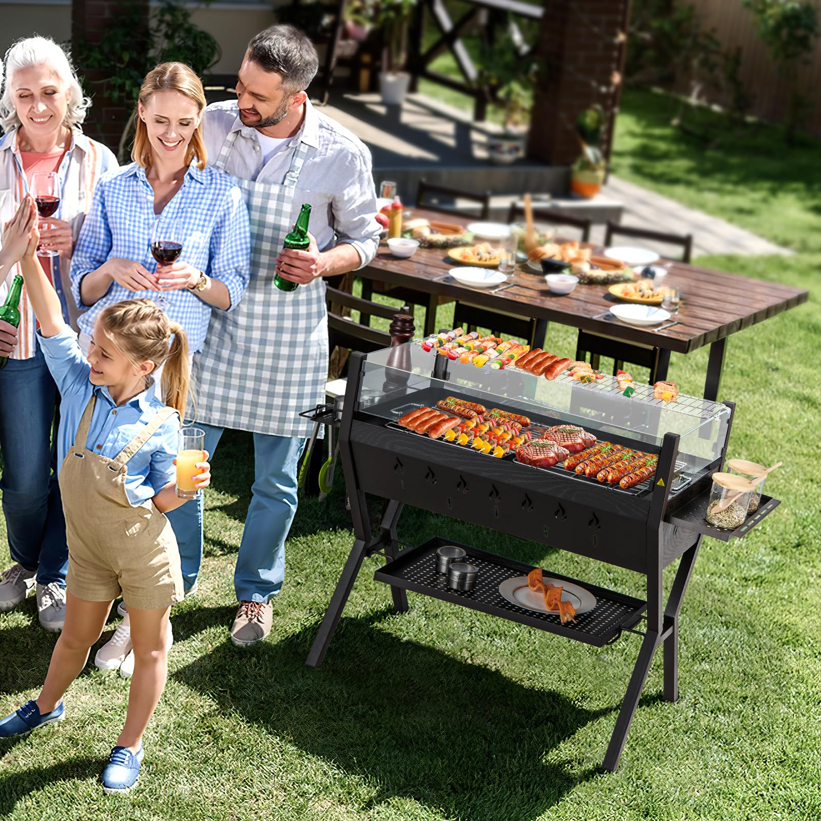 Barbecue Charcoal Grills, Stainless Steel Camping Grill w/Wind Guard