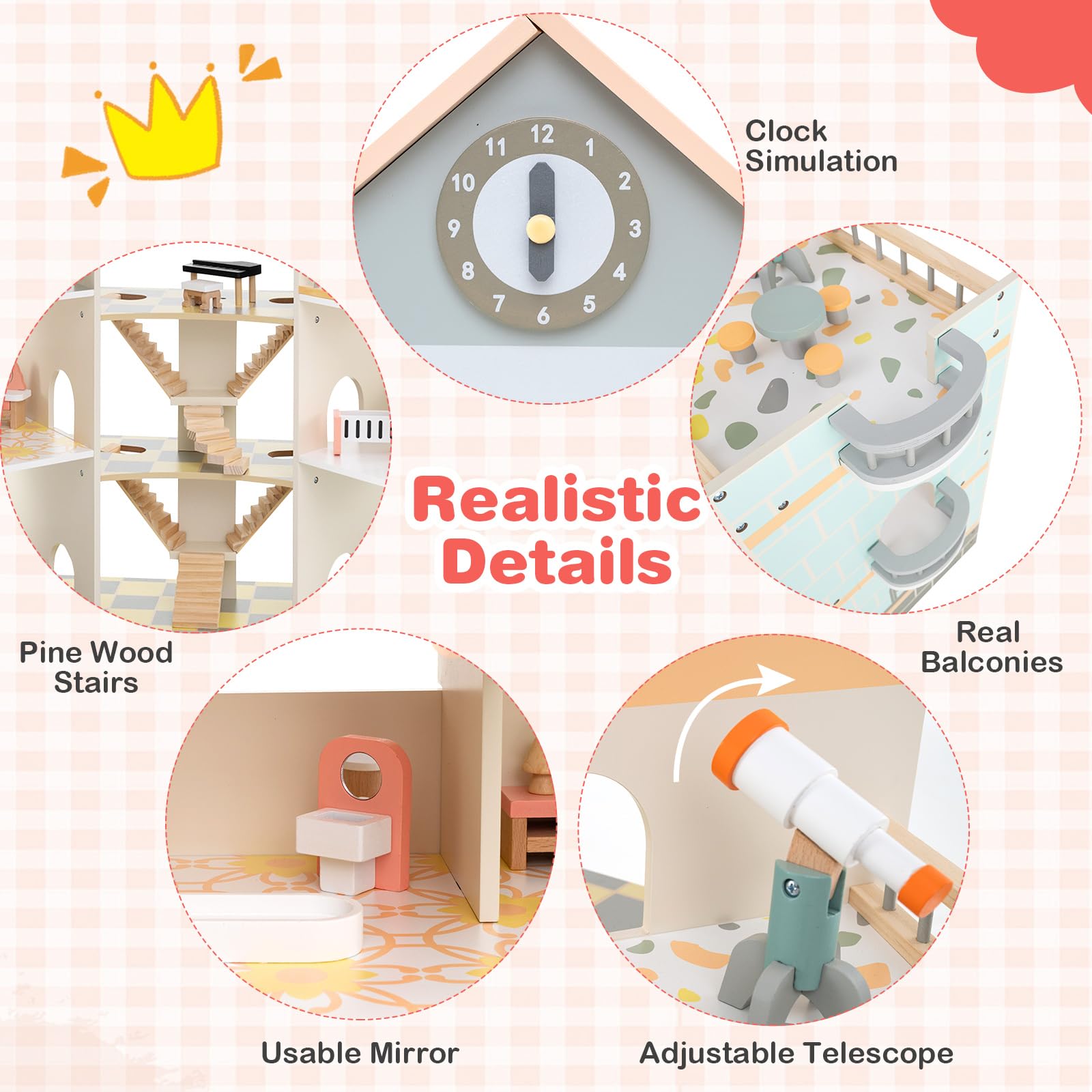 Wooden Corner Dollhouse Playset with 34 Pieces of Furniture and Accessories