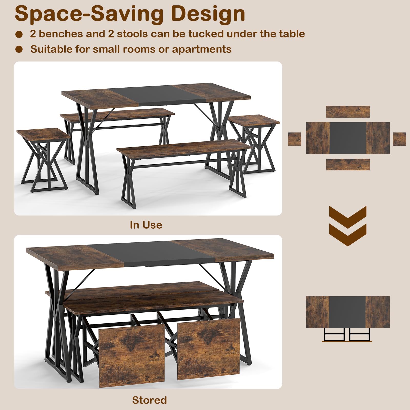 5-Piece Dining Room Set for 4-6 People Space-Saving Dinette Set with Metal Frame