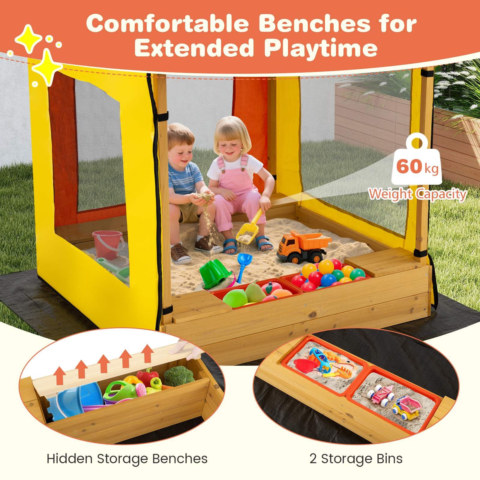 Kids Wooden Sandbox with Canopy, Outdoor Large Fir Wood Playhouse w/Bottom Liner