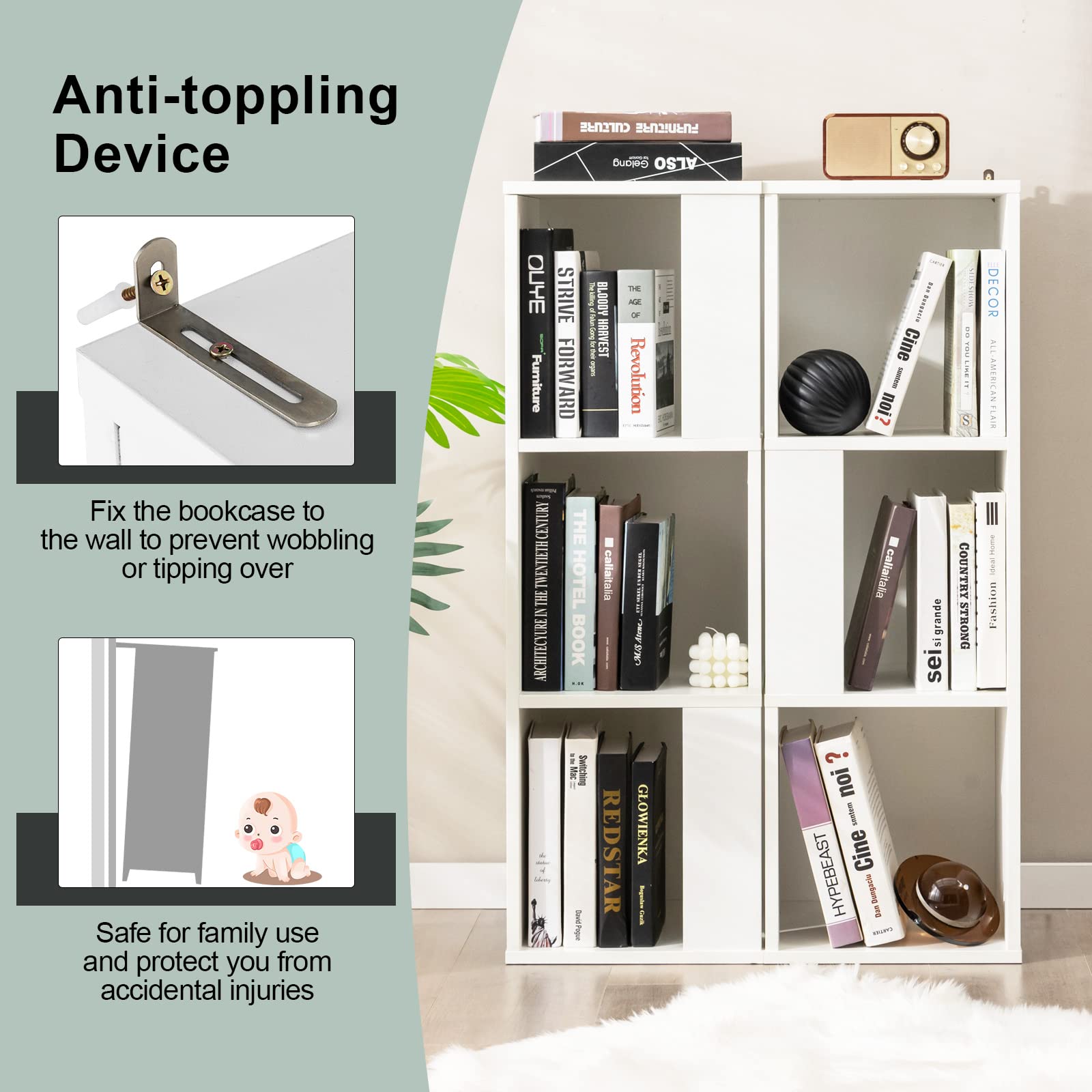 Giantex Bookcase, Freestanding 3-Tier Bookshelf, Asymmetric Display Shelf w/ 6 Compartments