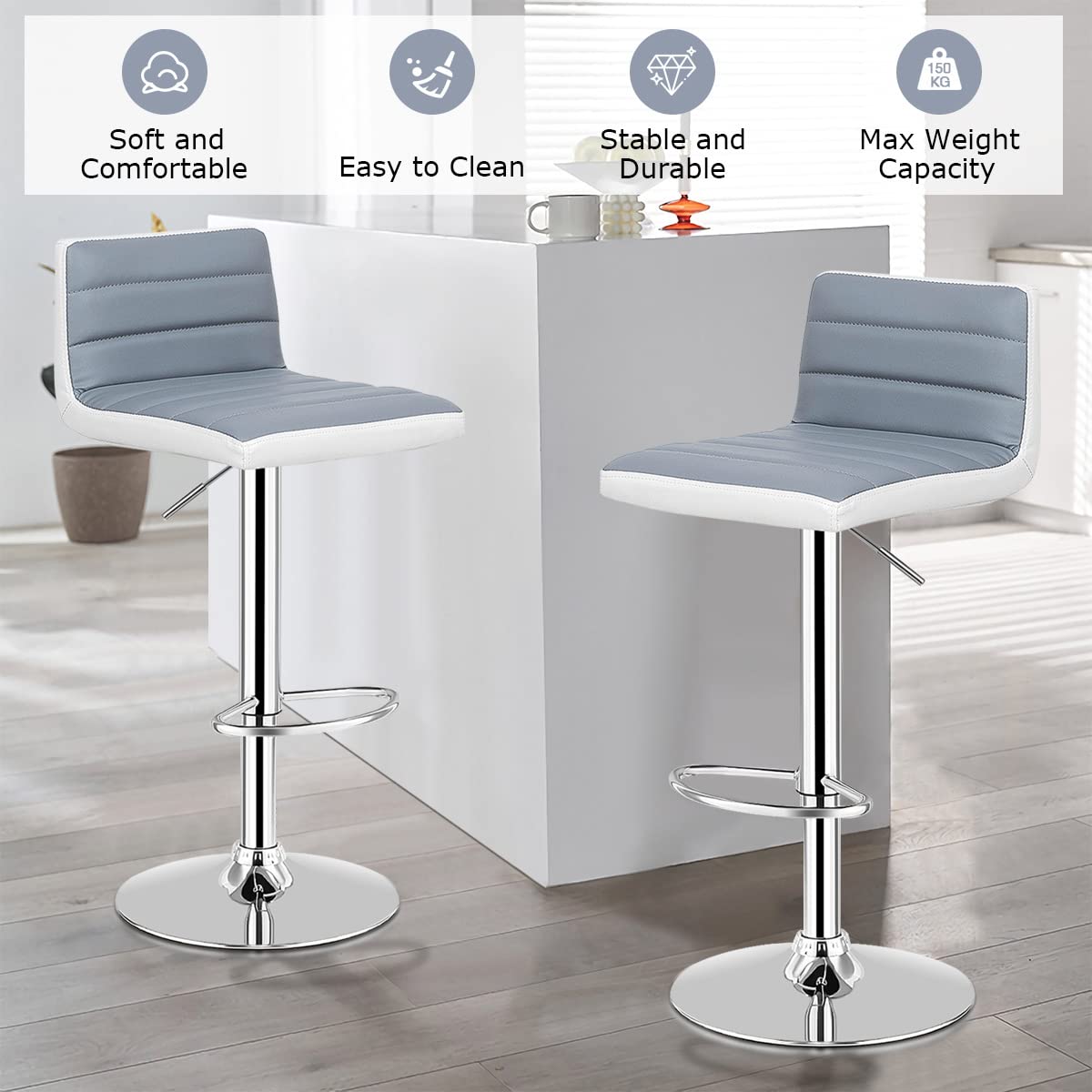 Giantex 2PC Gray & White Bar Stools, Modern Swivel Barstools, Adjustable Height, Gas Lift, PU Leather Seat