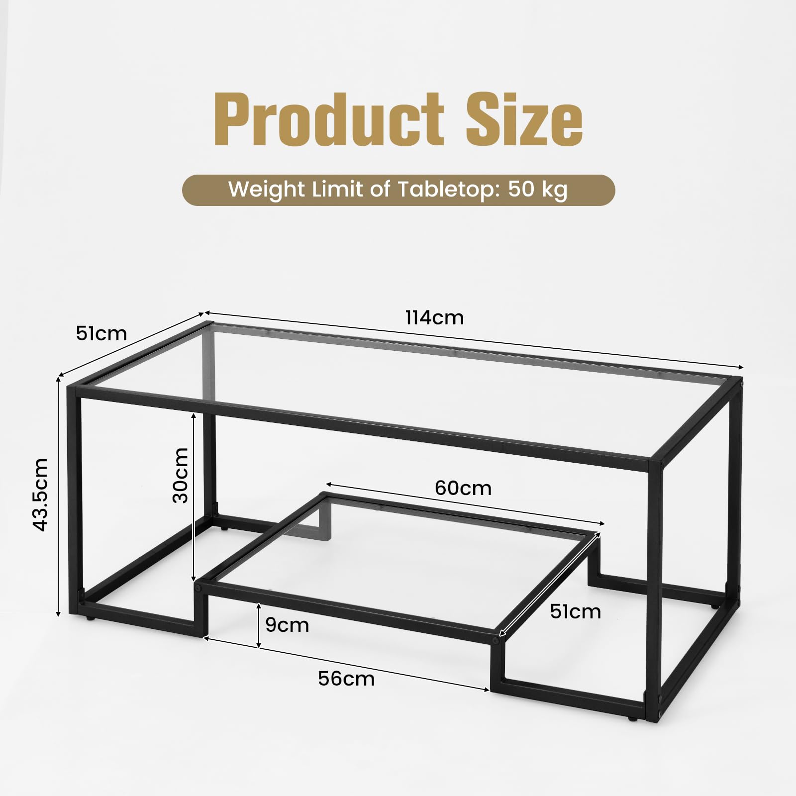 Giantex Modern 2-Tier Coffee Table, Rectangular Accent Table with Golden Metal Frame