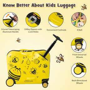 2 PCS Kid Luggage Set W/Spinner Wheels, 18" Ride-on & Carry-on & Sit-on Suitcase & 12" Backpack Set W/Lanyard for Pull & Prevent Loss