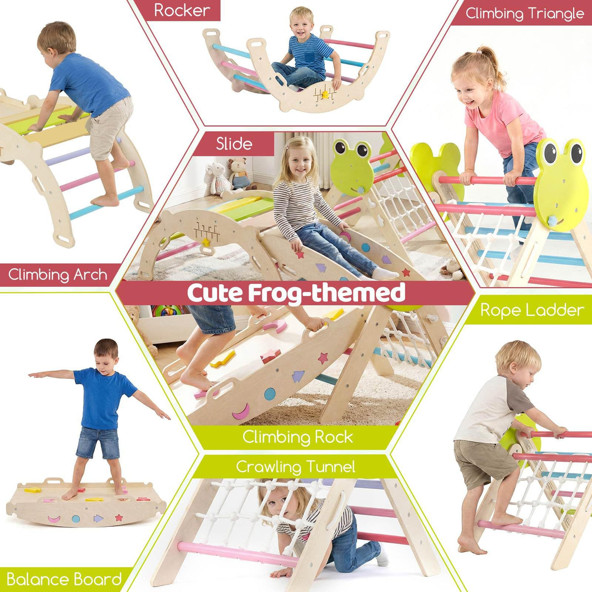 8-in-1 Wooden Triangle Set, Foldable Montessori Climbing Toys with Arch Climber, Reversible Ramp