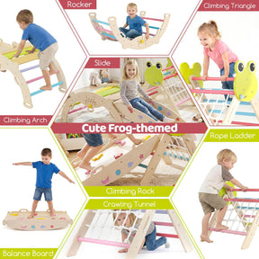 8-in-1 Wooden Triangle Set, Foldable Montessori Climbing Toys with Arch Climber, Reversible Ramp
