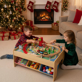 Train Table, 84 Pieces Wooden Kids Activity Toy Table Playset with Reversible Detachable Tabletop, Tracks, Train, Railway, City for Toddler Boys Girls (36’’ x 25’’ x 16’’)