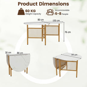 150 CM Folding Dining Table for 6-8 People, Drop Leaf Space Saving Oval Kitchen Table with Golden Metal Legs & Marble-Finished Tabletop