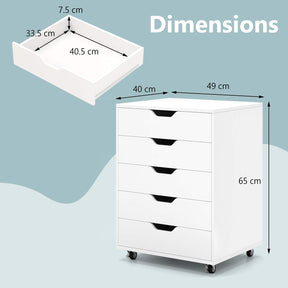 5 Drawer Chest, Rolling Dresser Storage Cabinet with Lockable Wheels, Under Desk Filing Cabinet, Wood Printer Stand for Home Office