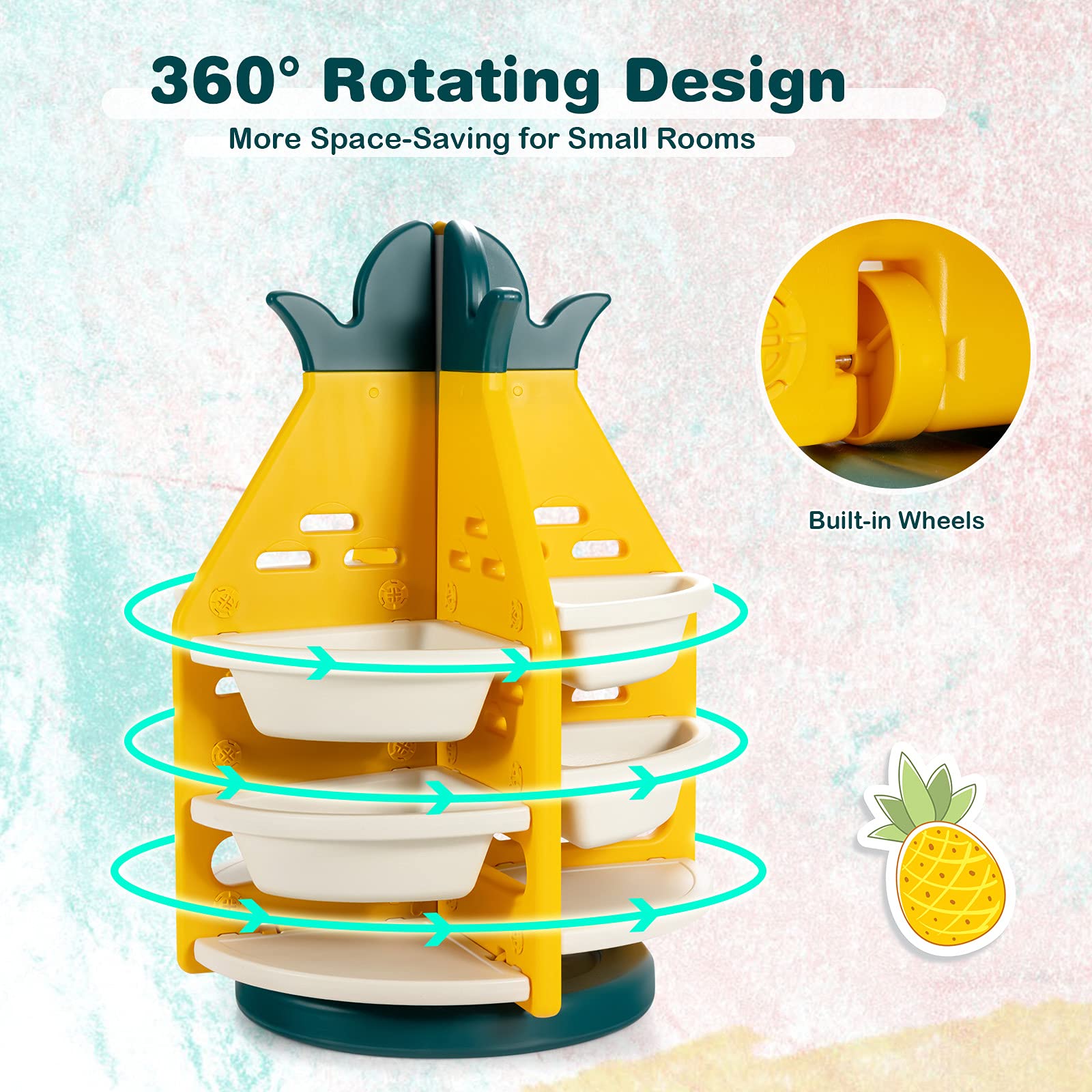 Kids Rotating Toy Storage Organizer, 3-Tier Pineapple Toy Shelf Bookcase w/ 8 Plastic Bins & 4 Shelves, 360°Revolving, Yellow & Green & White