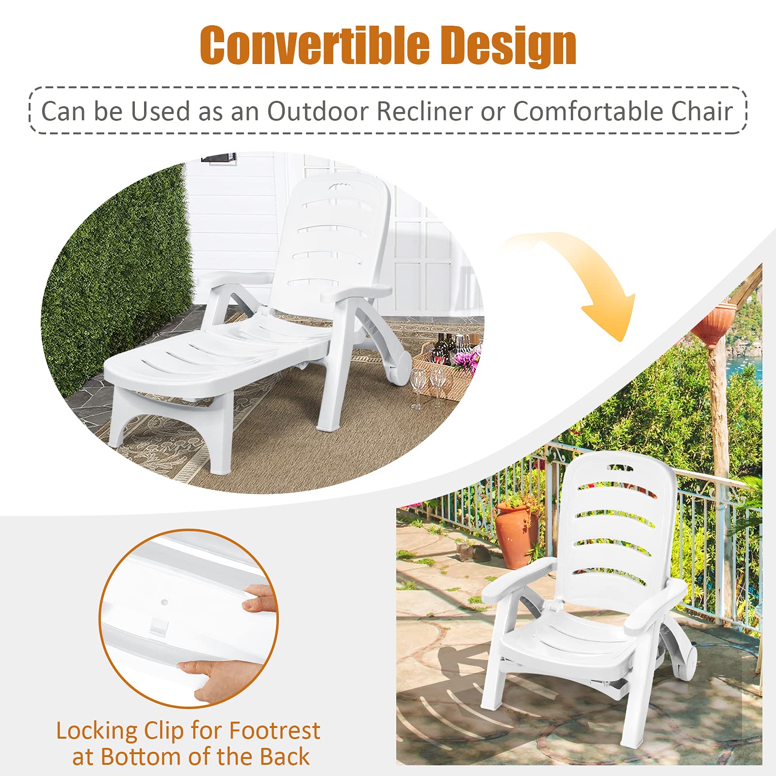 Giantex Folding Camping Lounge Chair, Portable Rolling Recliner w/Wheels, 5 Adjustable Positions, White