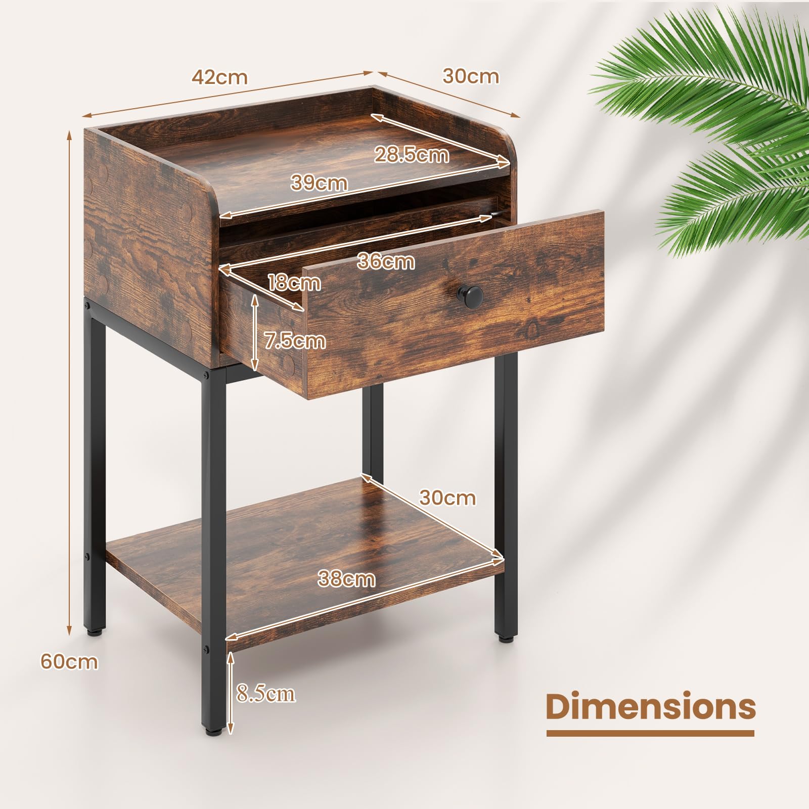 Giantex Bedside Table, Industrial Nightstand Sofa Side Table with Drawer and Open Storage Shelf