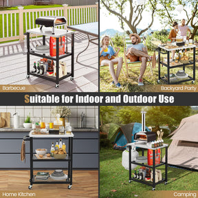 3-Tier Outdoor Grill Cart on Wheels, Pizza Oven Stand Trolley w/Stainless Steel Top & Handle