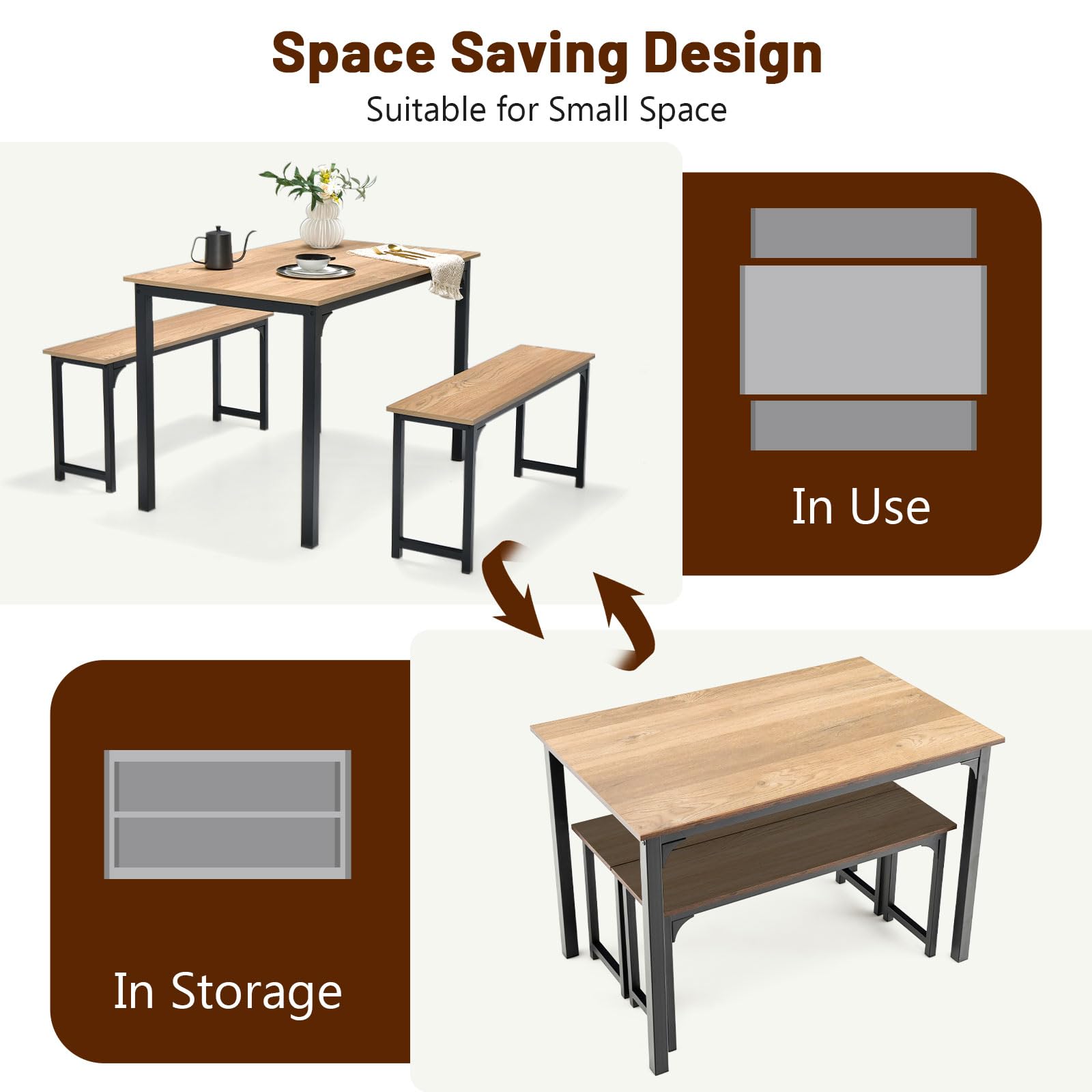 Giantex Dining Table Set for 4, 3 PCS Farmhouse Kitchen & Dining Room Furniture Kit with 2 Benches