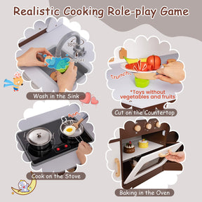 Corner Play Kitchen, Toddler Kitchen Playset with Ice Maker, Microwave, Oven, Sink, Washing Machine, Towel Rack & Sweet Accessories