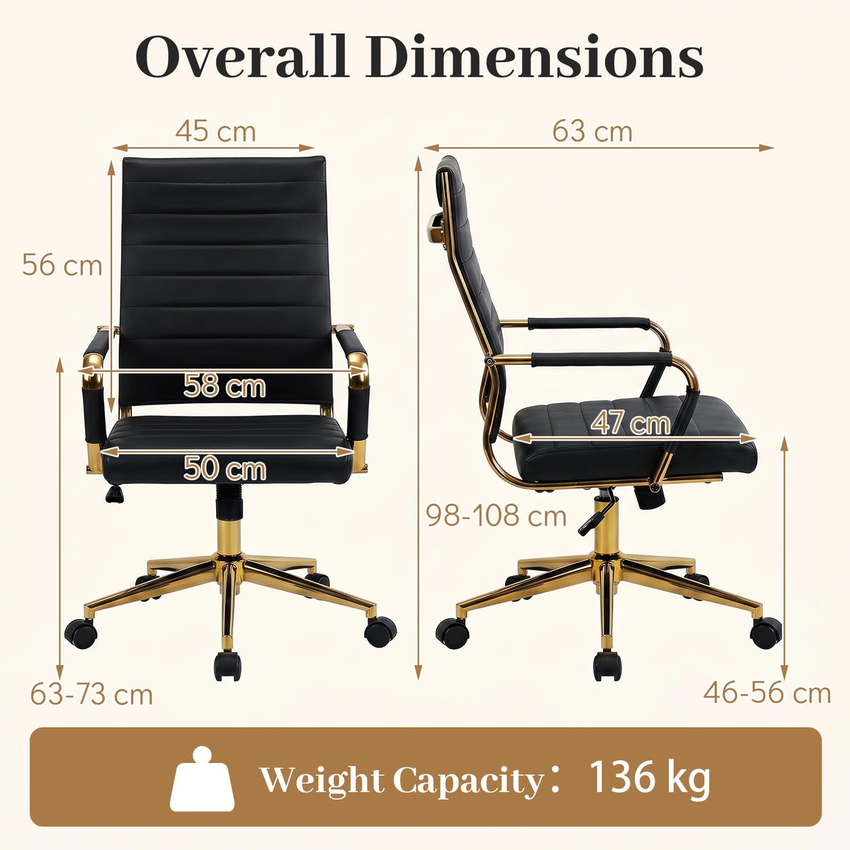 White and Gold Office Chair, Ribbed PU Leather Computer Desk Chair with Armrests & Reclining Backrest