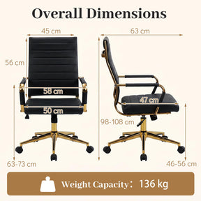 White and Gold Office Chair, Ribbed PU Leather Computer Desk Chair with Armrests & Reclining Backrest