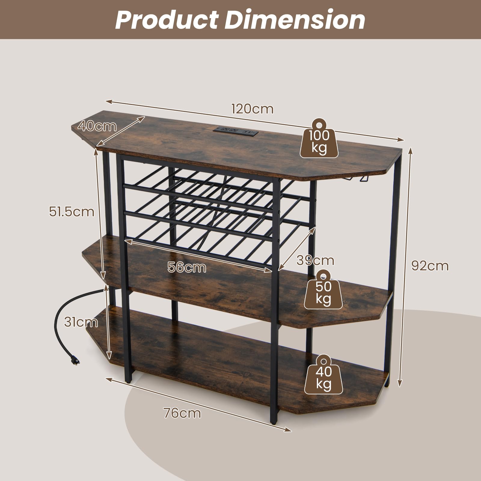 Giantex Wine Rack Table with Power Outlets, 3-Tier Freestanding Liquor Cabinet
