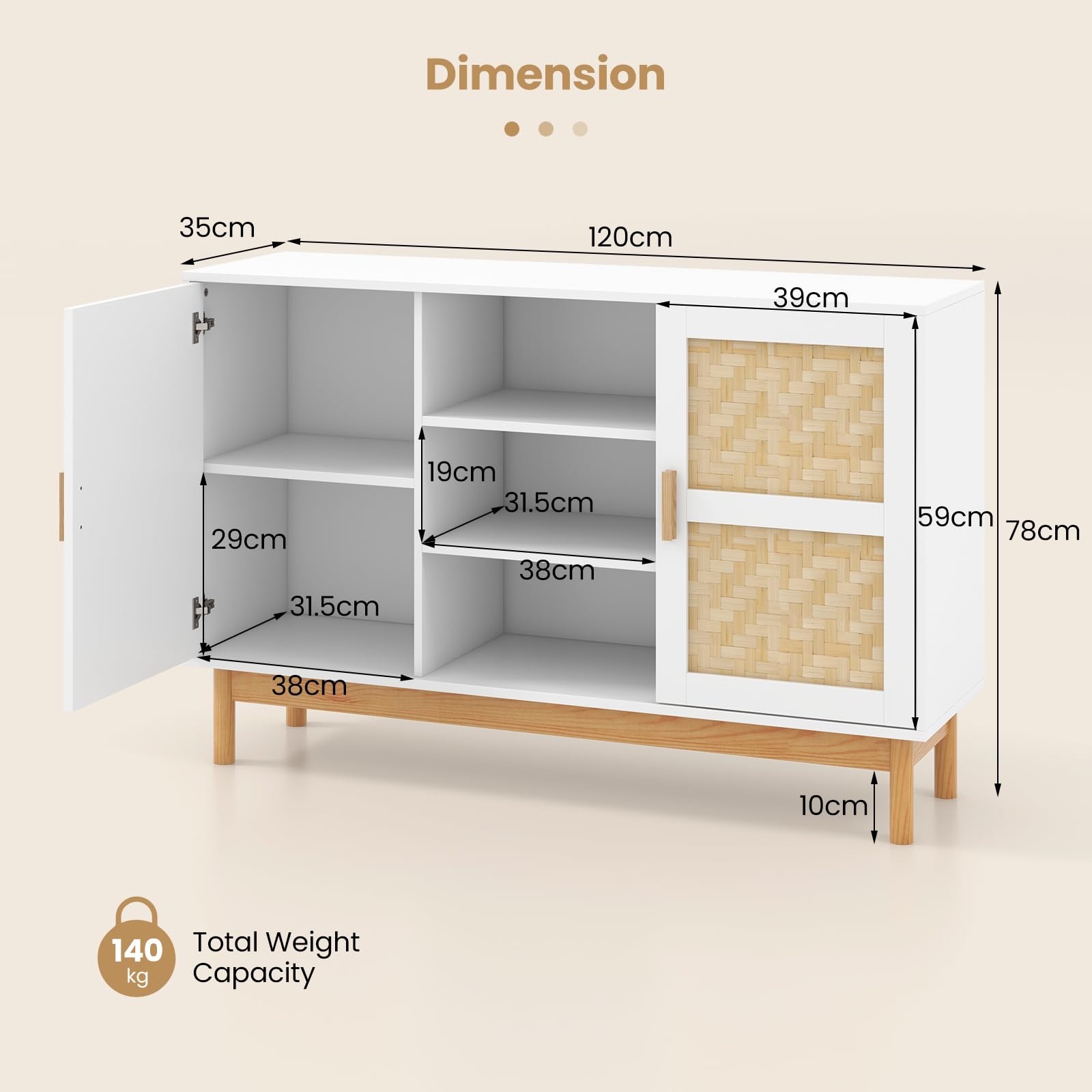 Giantex 120cm Sideboard Buffet Cabinet, Floor Storage Cabinet with 2 Bamboo Woven Doors
