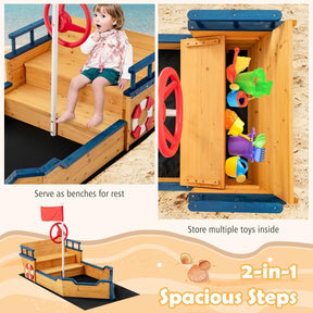 Wooden Sandbox, Large Pirate Ship Play Toy w/2-in-1 Storage Benches, Bottom Sand Protection