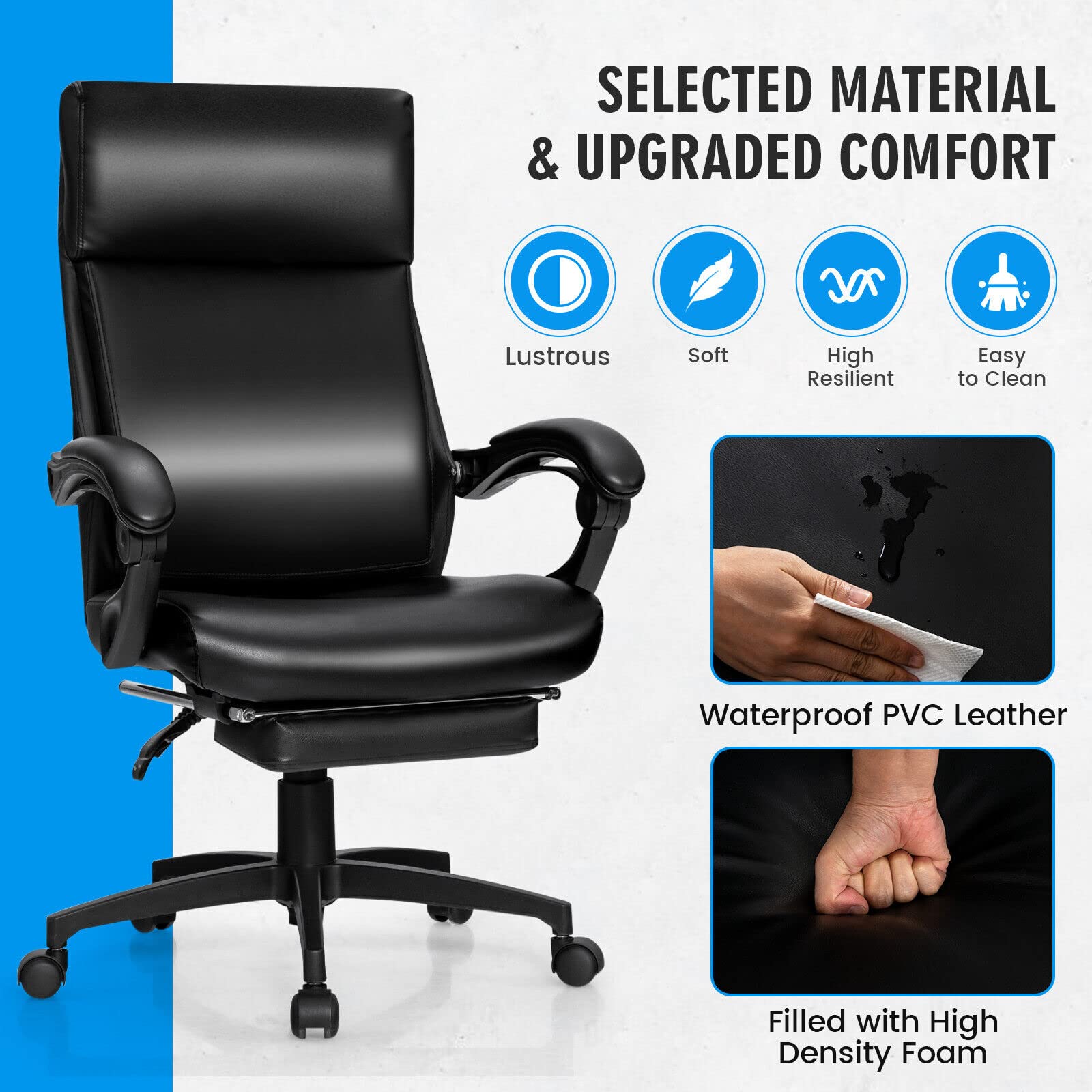 Giantex Ergonomic Executive Office Chair, High Back Leather Reclining Chair w/Headrest, Black