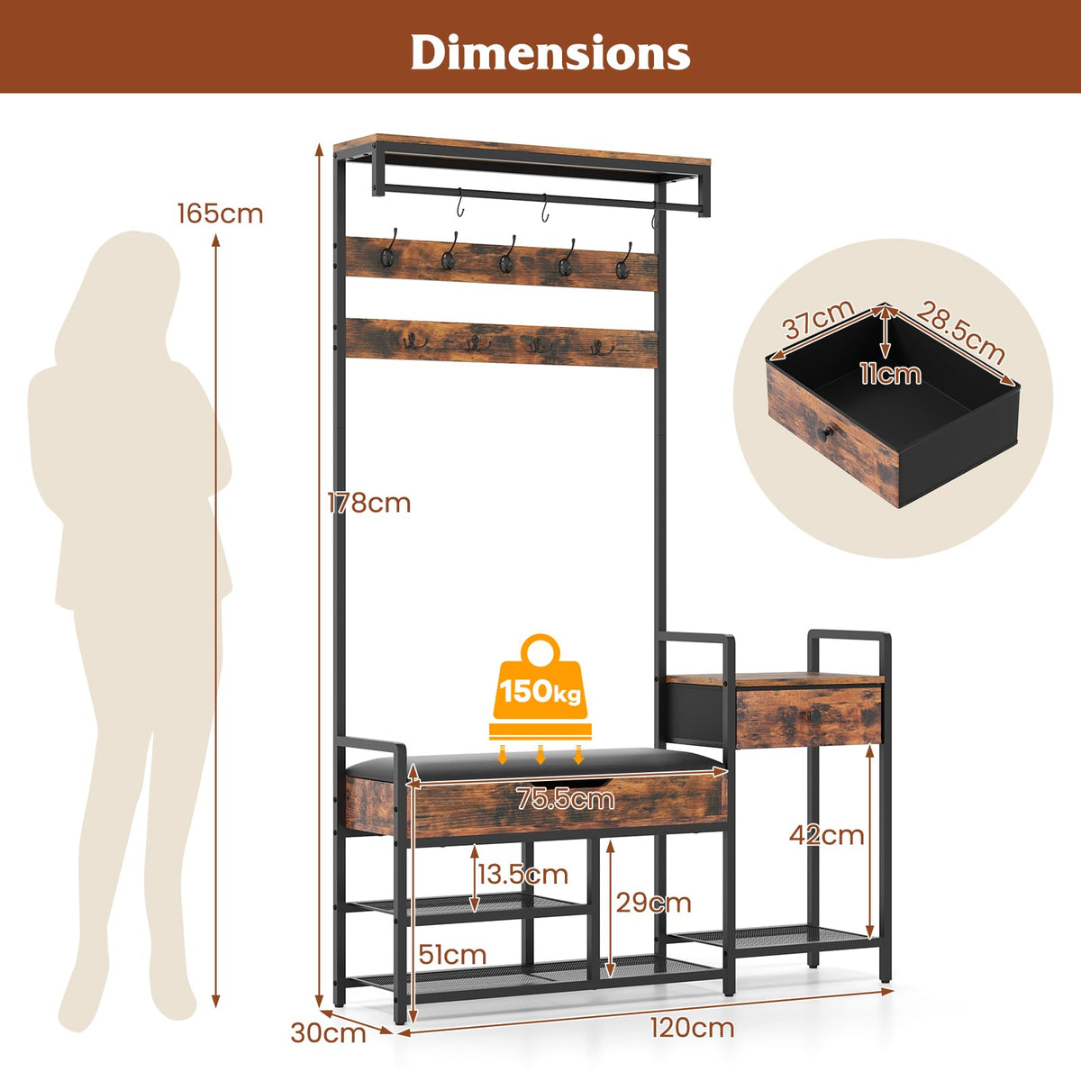 Hall Tree with Shoe Storage Bench, 178 cm Freestanding Coat Rack w/Shoe Rack