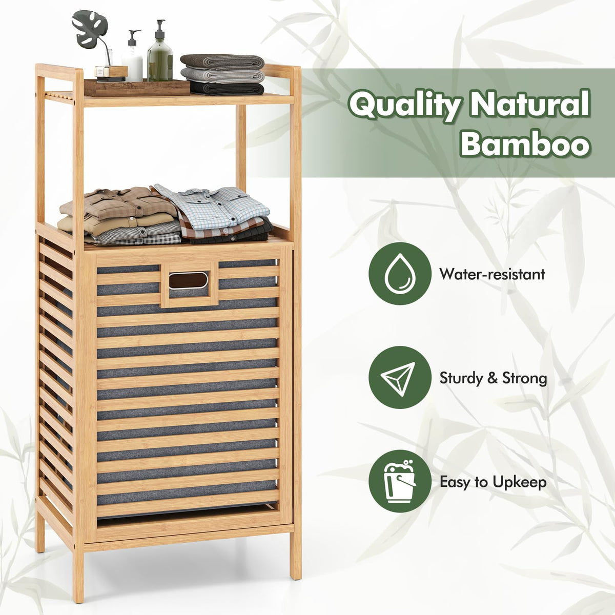 Bathroom Shelf w/Laundry Basket, Bathroom Shelf Made of Bamboo, Bathroom Cabinet w/ 2 Shelves for Bathroom Accessories