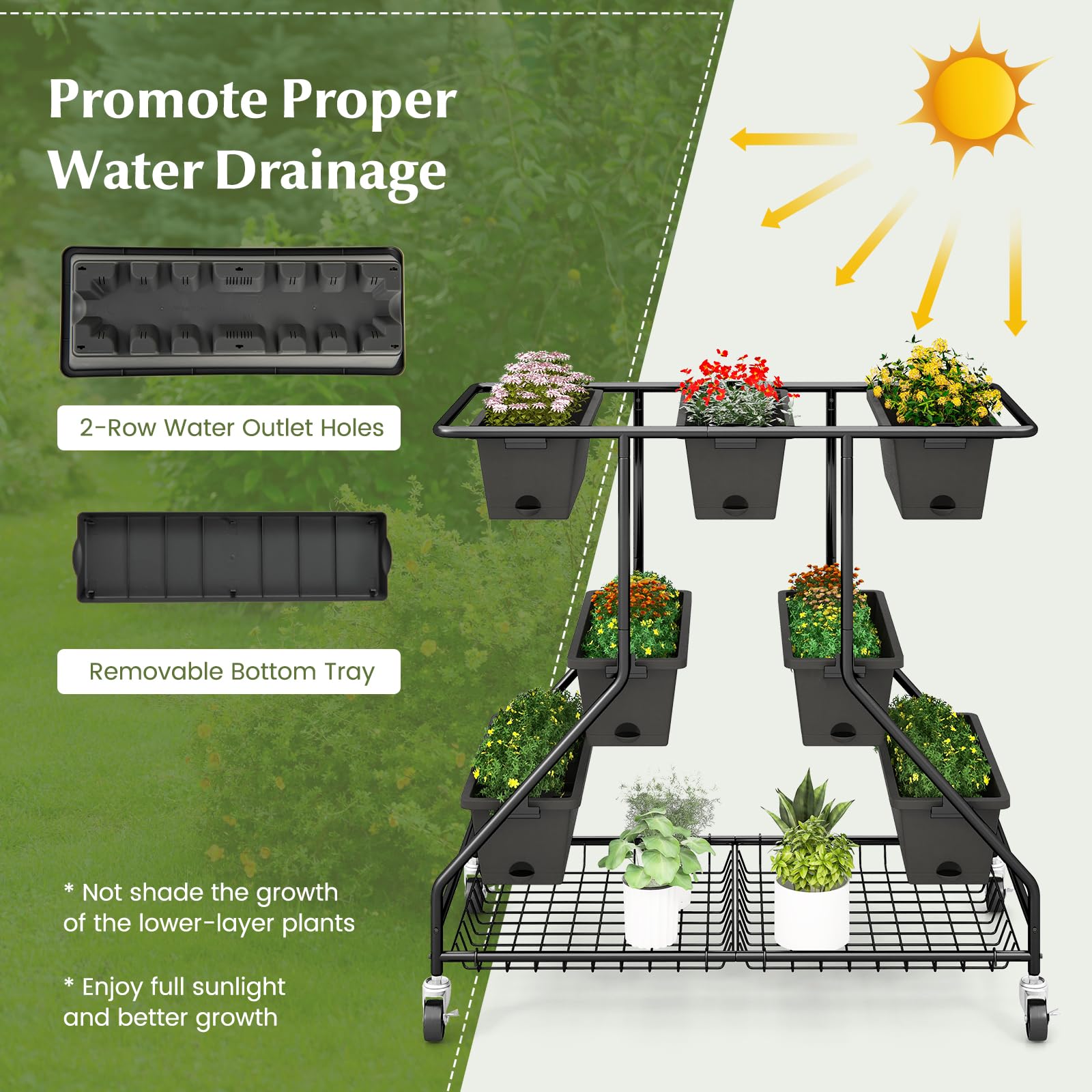 Vertical Raised Garden Bed w/7 Planter Boxes, Storage Baskets, Drainage Holes, 4 Lockable Casters