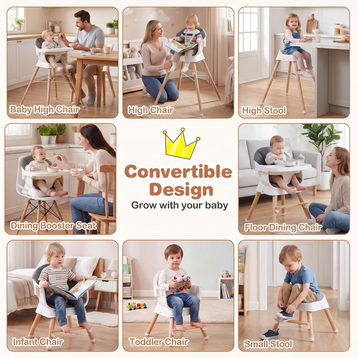 Convertible High Chair for Babies & Toddlers, Baby Feeding Chair w/3-Position Adjustable Tray & 5-Point Harness