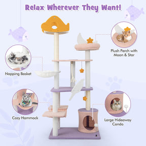 Cute Cat Tree for Indoor Cats, 167cm Multi-Level Tall Cat Tower, Purple