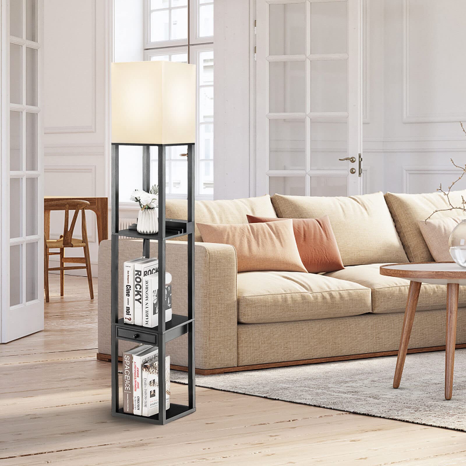 Modern Shelf Floor Lamp, Dimmable Standing Lamp Shelf w/ 1 Drawer & 1 USB Port