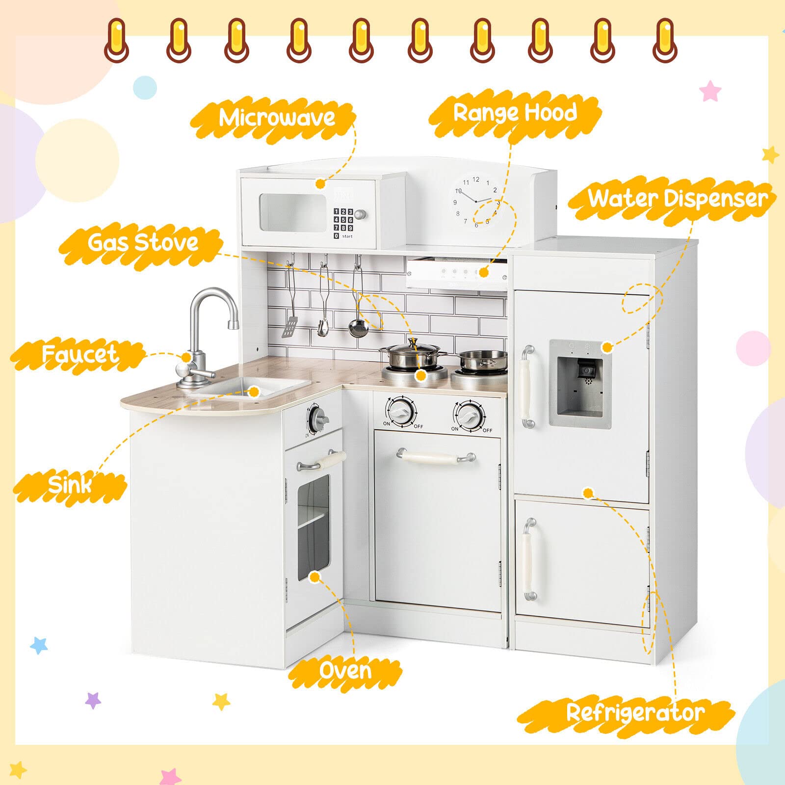 Kids Corner Kitchen Playset, Wooden Play Kitchen Toy Set w/Realistic Microwave