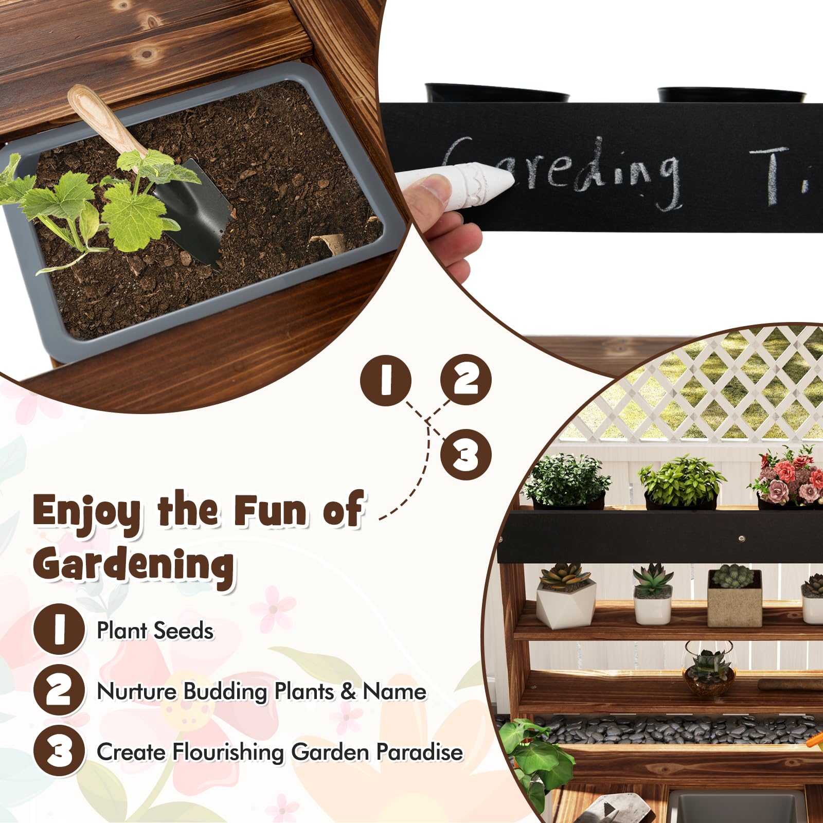 HONEY JOY Kids Potting Bench, Wooden Toy Gardening Center with 4 Pots, Removable Sink and Built-in Chalkboard