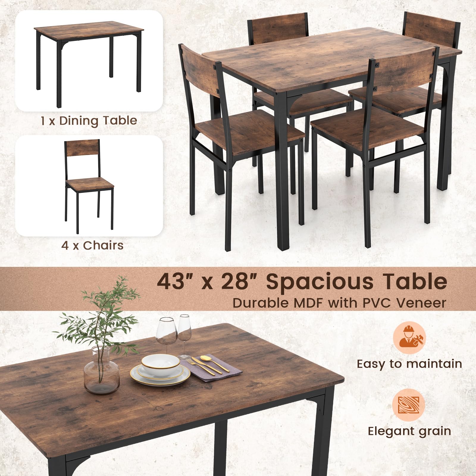 Giantex 5 Piece Dining Table Set, Industrial Style Kitchen Table & Chairs for 4 w/Backrest & Metal Frame