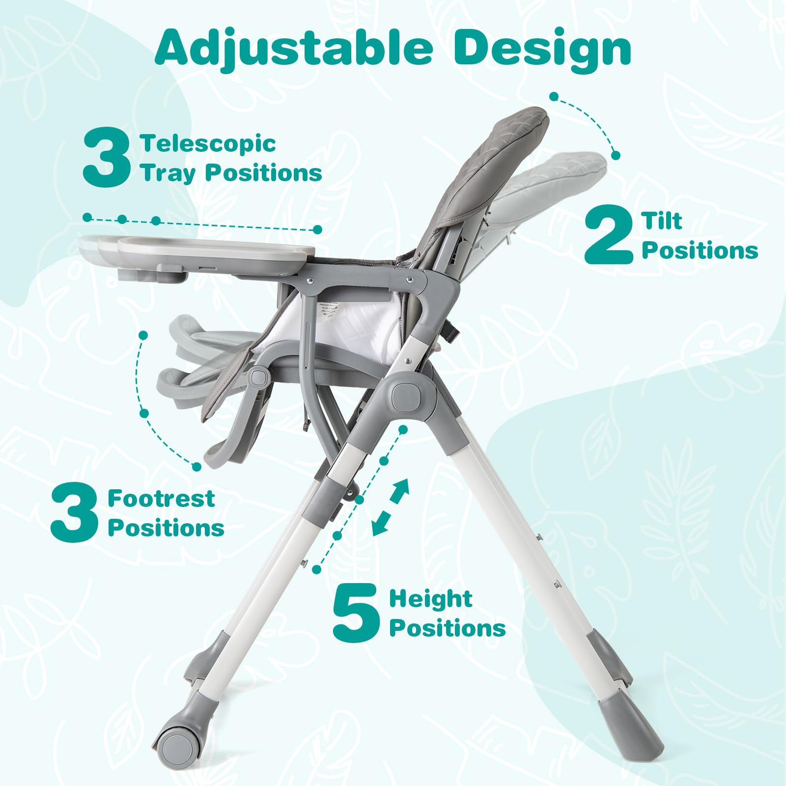 Portable Adjustable Highchair with Footrest, Detachable Tray, Easy to Clean PU Seat Cushion