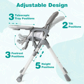 Portable Adjustable Highchair with Footrest, Detachable Tray, Easy to Clean PU Seat Cushion