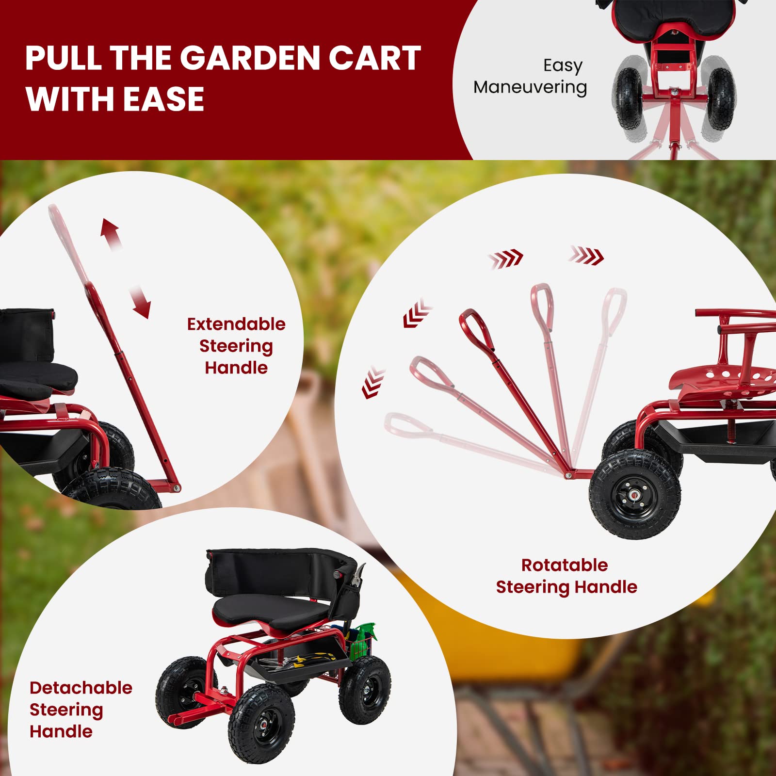 Rolling Garden Cart Scooter, Outdoor Heavy-Duty Gardening Cart w/ 26cm Tires, Swivel Seat