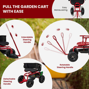 Rolling Garden Cart Scooter, Outdoor Heavy-Duty Gardening Cart w/ 26cm Tires, Swivel Seat
