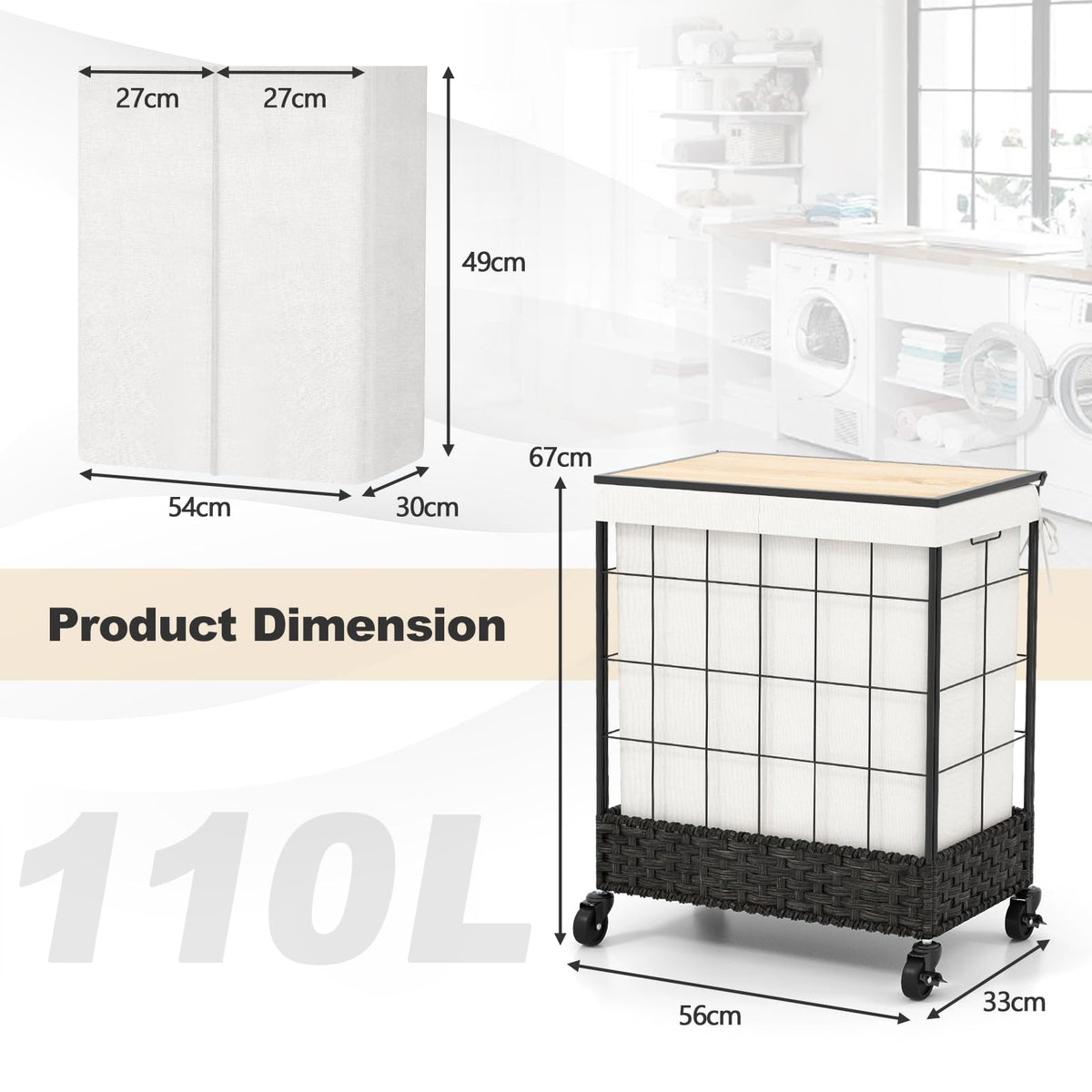 110/130L Laundry Hamper Handwoven Rattan Laundry Basket w/ Lid & Lockable Wheels