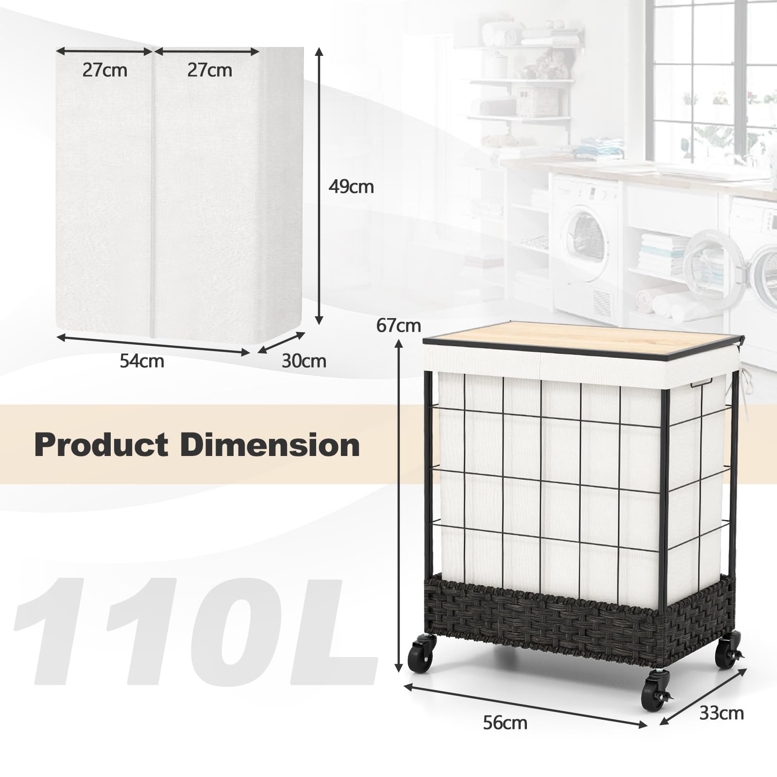 110/130L Laundry Hamper Handwoven Rattan Laundry Basket w/ Lid & Lockable Wheels