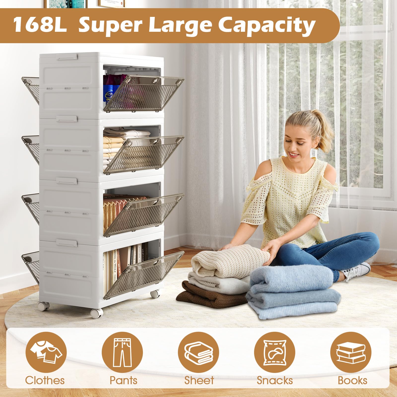 Collapsible Closet Storage Organizer with Wheels for Bedroom Living Room, Easy Assembly (4-Tier)